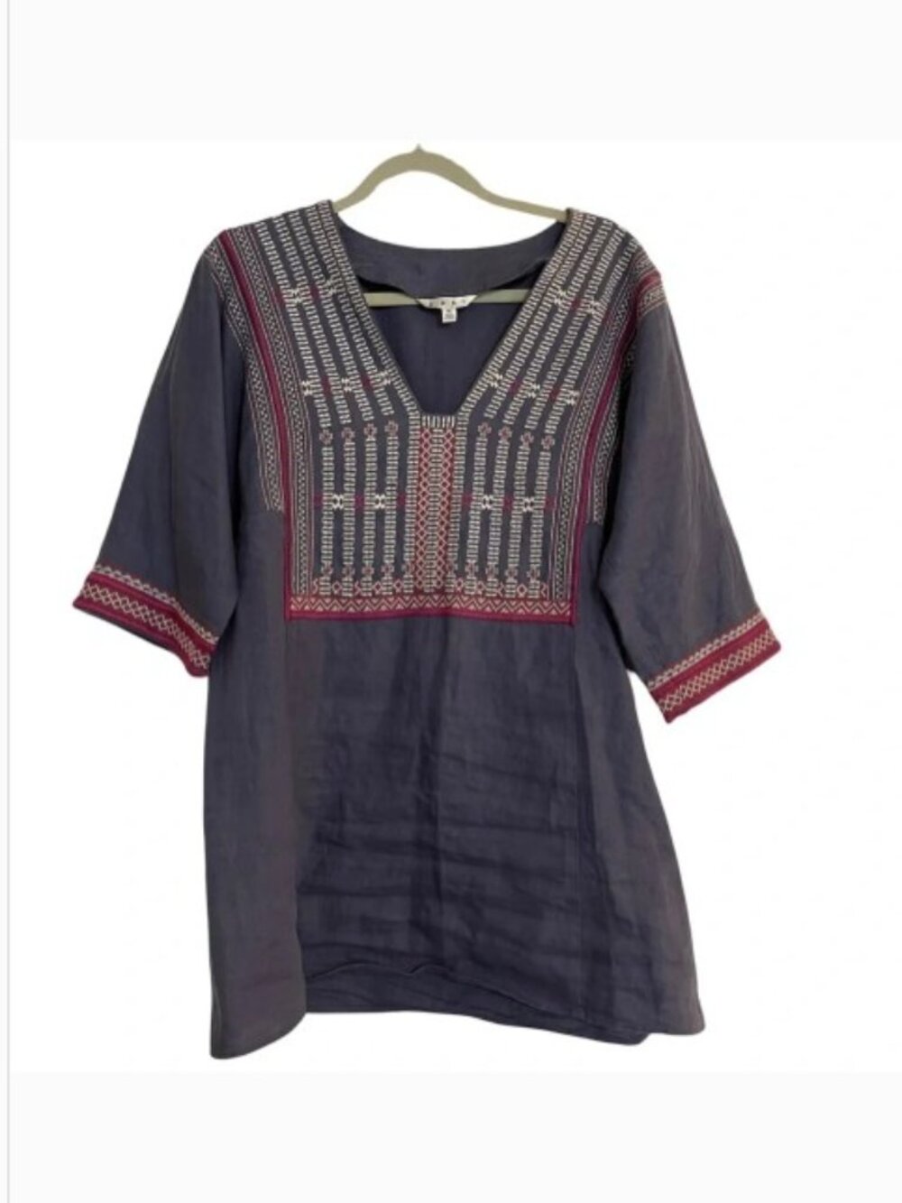 Boho Linen Embroidered Tunic Medium Vintage CAbi #996 Blue 3/4 Sleeve Top EUC